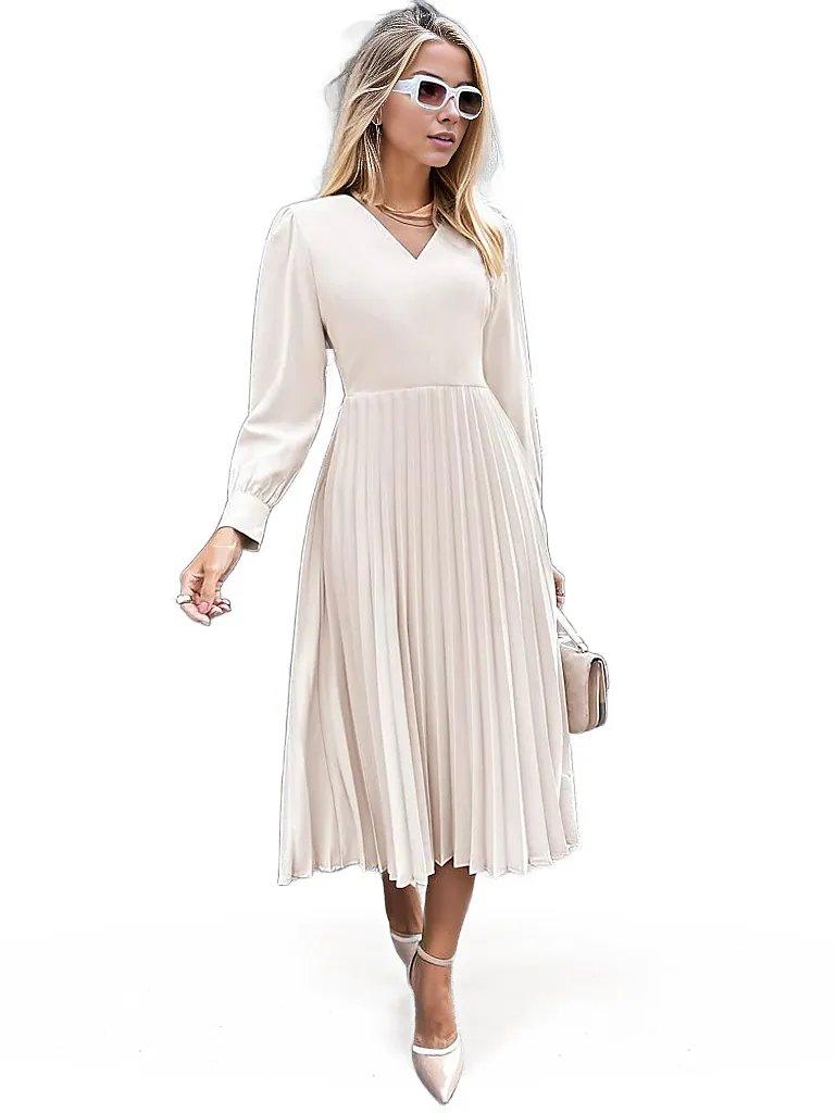 Women Puff Sleeve Pleated Apricot Dress - Styledd by L&M