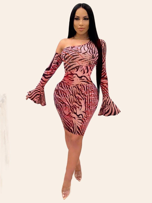 Zebra Striped One shoulder Bodycon Dress - Styledd by L&M