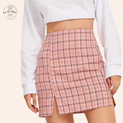 Double Slit Plaid Mini Skirt - Styledd by L&M